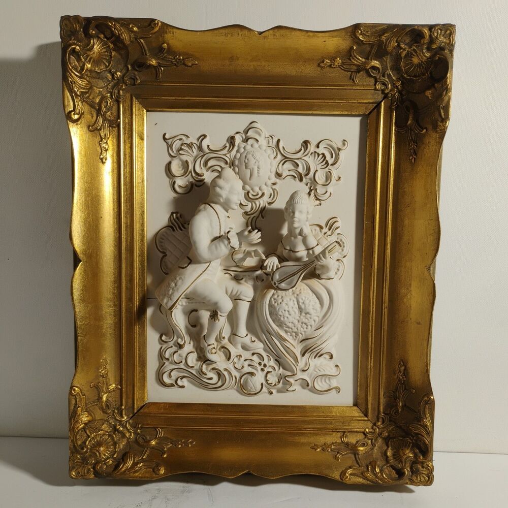 Vintage Alt Meissen art rococo bisque porcelain wall plaque framed 3D Sanssouci